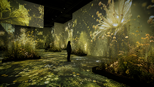 Visitor walking through a green projection space.